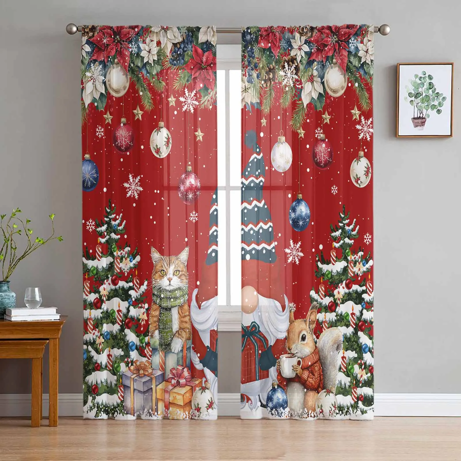 Dwarf Snowflake Christmas Tree Ball Gift Cat Squirrel Sheer Curtains Room Decoration Window Curtain Kitchen Tulle Voile Curtains