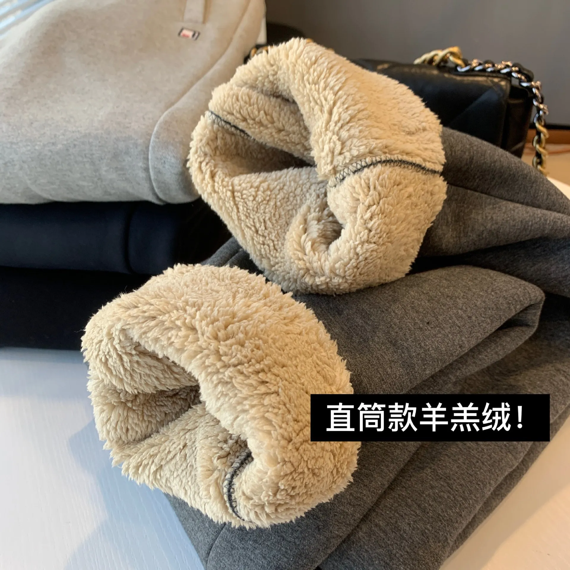 Winter New Women's Pants High Waist Lamb Wool Straight Leg Pants