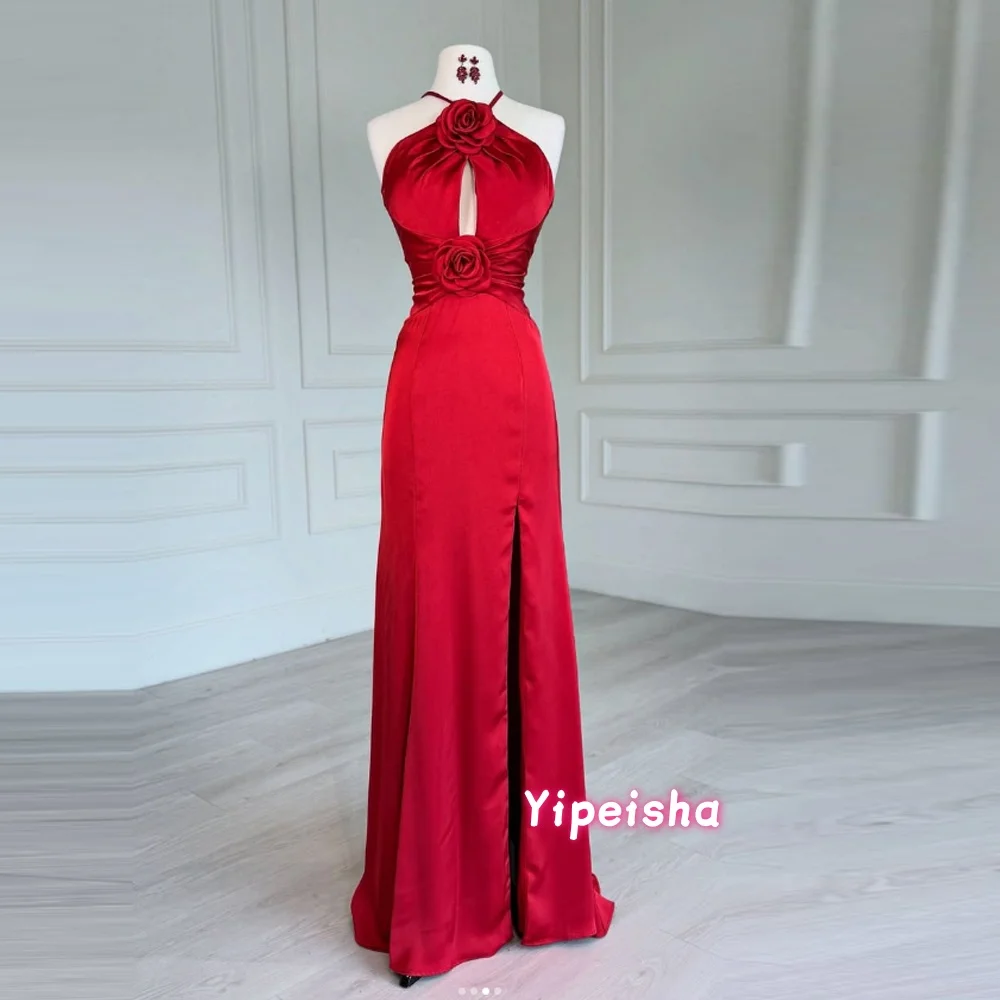 

Customized Sexy Burgundy Red Evening Gown Mermaid Floor Length Formal Party Dress Halter Flowers Saudi Sleeveless Prom Dresses