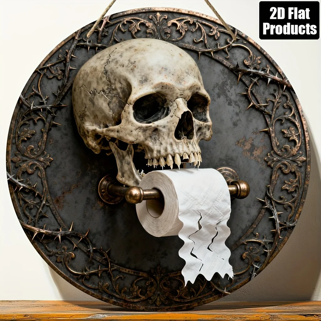 Skull Toilet Paper Holder - 8x8 Inch Gothic Wooden Board Wall Decor for Bathroom, Bar, Home