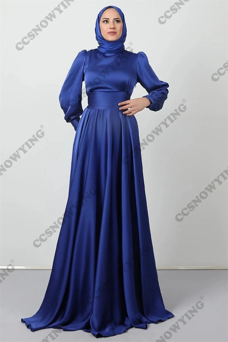 

Simple Satin Hijab Muslim Evening Dresses Long Sleeve Islamic Formal Party Gown Women Arabic Kaftan Robe De Soiree