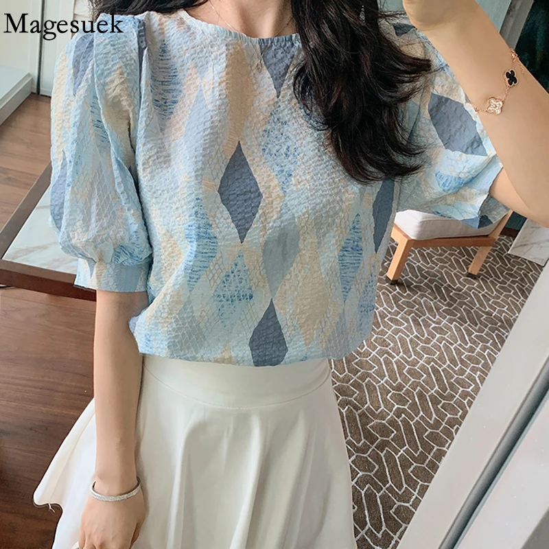 

Summer Sweet Chiffon Blouses Round Collar Short Puff Sleeve Casual Loose Plaid Shirt Women 2022 New Tops Clothing Blusas 20161