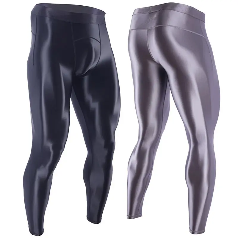 Glossy Satin Men Leggings High Waist Smooth Skinny Man Pants Sports Tights Quick-drying Outdoor Fitness Gym Leggings Trousers