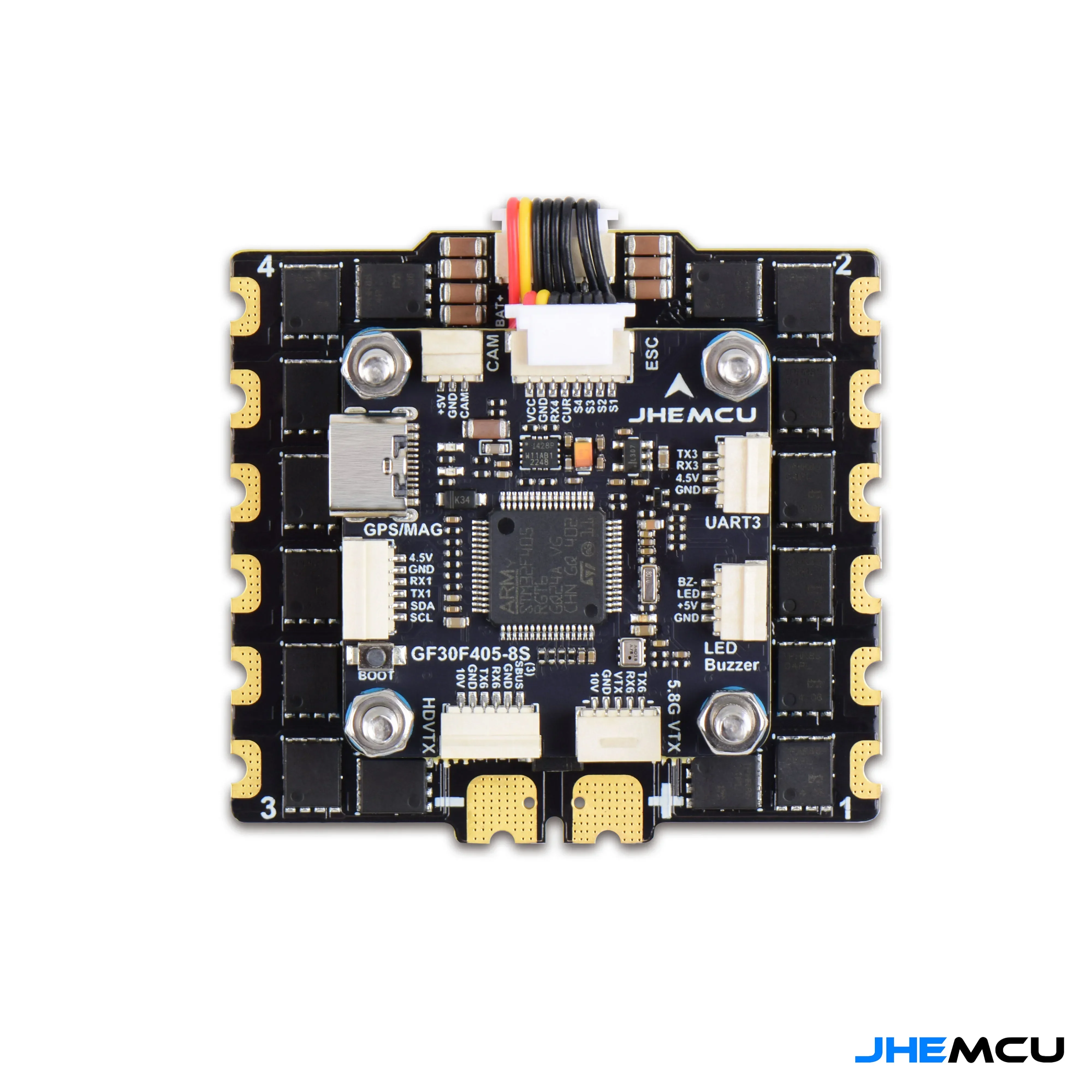 

Полетный контроллер OverShoot JHEMCU GF30F405 - 90A/110A 4-в-1 ESC 3-8S с гироскопом ICM42688P для FPV-дронов дальнего радиуса действия