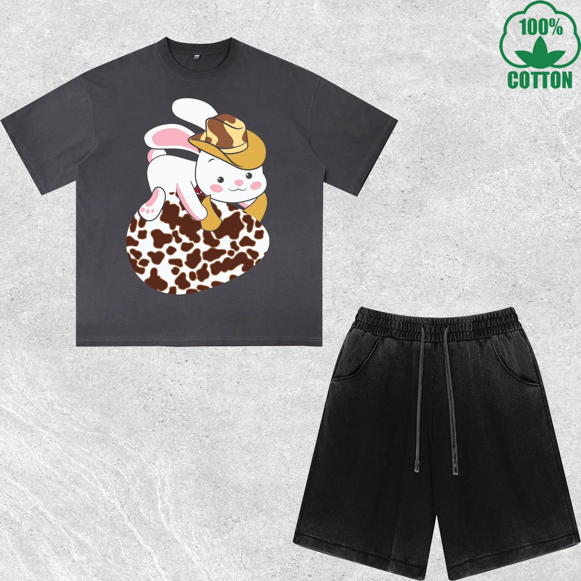 

Western Easter Rabbit Egg Printed Dirty Wash T-Shirt Shorts Set Multicolor Combo Loose Trendy Fashionable 100%Cotton