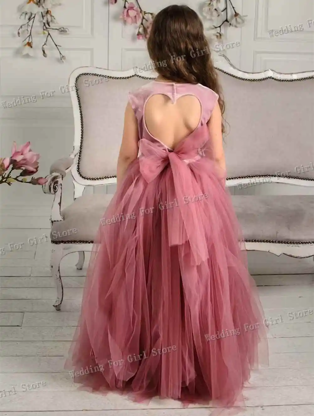 Vestido con espalda descubierta en forma de corazón rosa para niña, Top de terciopelo de tul para niña pequeña, vestido de fiesta de boda para niña, vestido de cumpleaños para niño con lazo