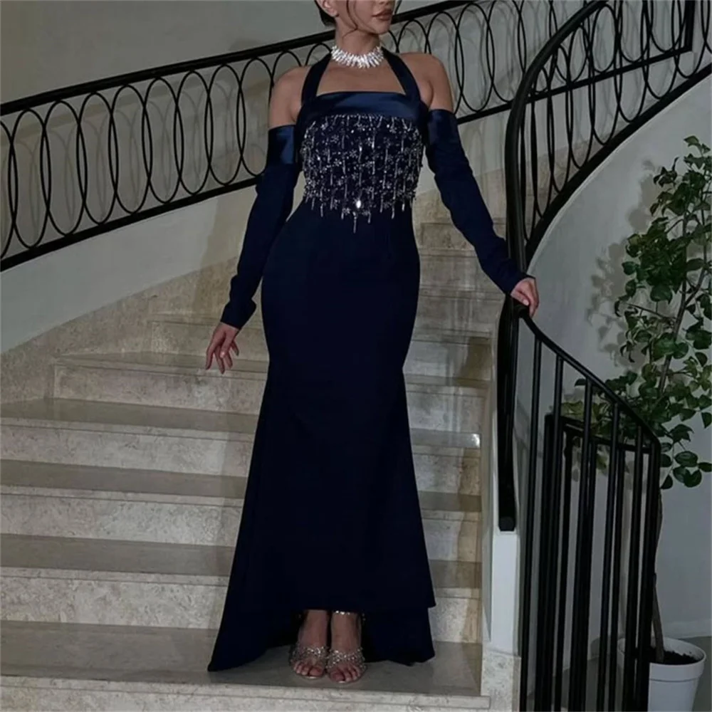 ROYET Crystals Off The Shoulder Long Sleeve Luxury Evening Party Dress For Woman Ankle Length Sweep Train Prom Gown Customized