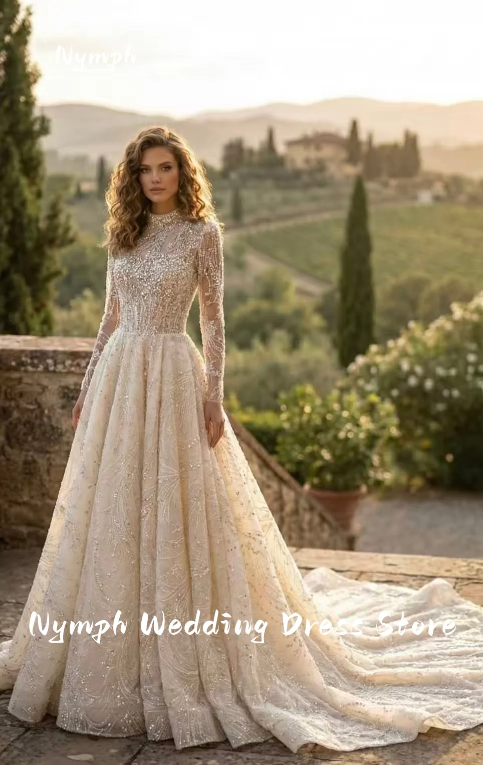 Customized Elegant high-neck wedding dress long-sleeved A-LINE embroidered lace wedding dress vestidos de novia