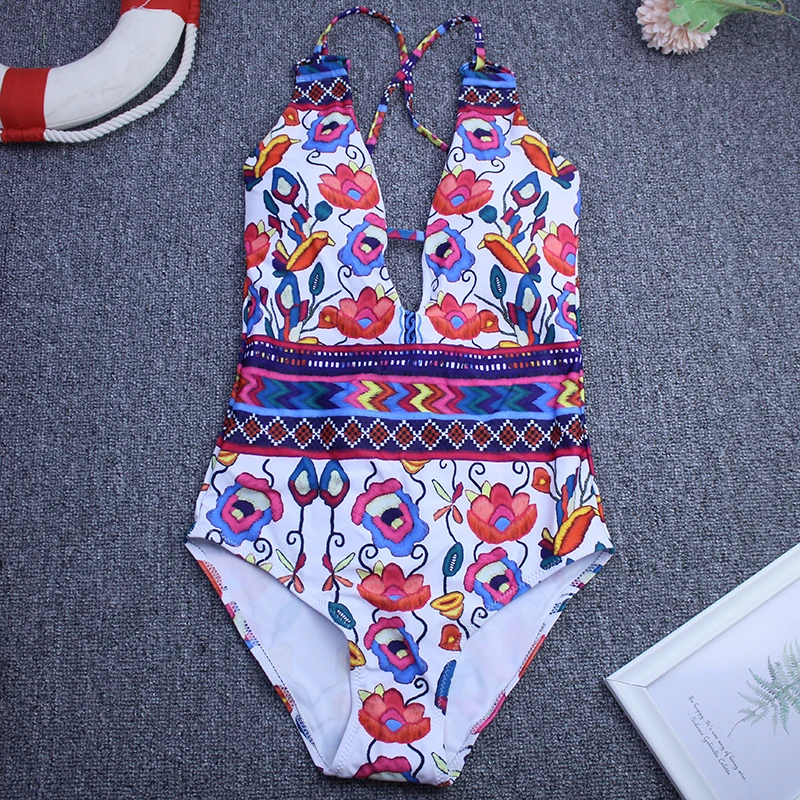 2024 Women Vintage Backless One Piece Swimwear Woman Sexy Swimsuit Deep V Summer Beachwear Print Slimming Bathing Suit Femme