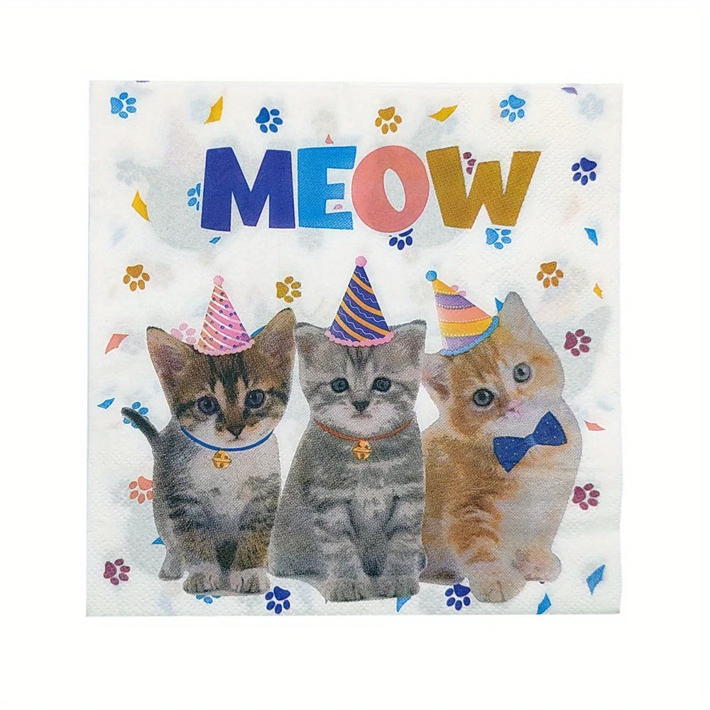 20pcs 13x13in 2-Ply Cat-Themed Birthday Napkins - 3 Adorable Cats in Party Hats with 'MEOW' Print Party Decor Paper Napkins