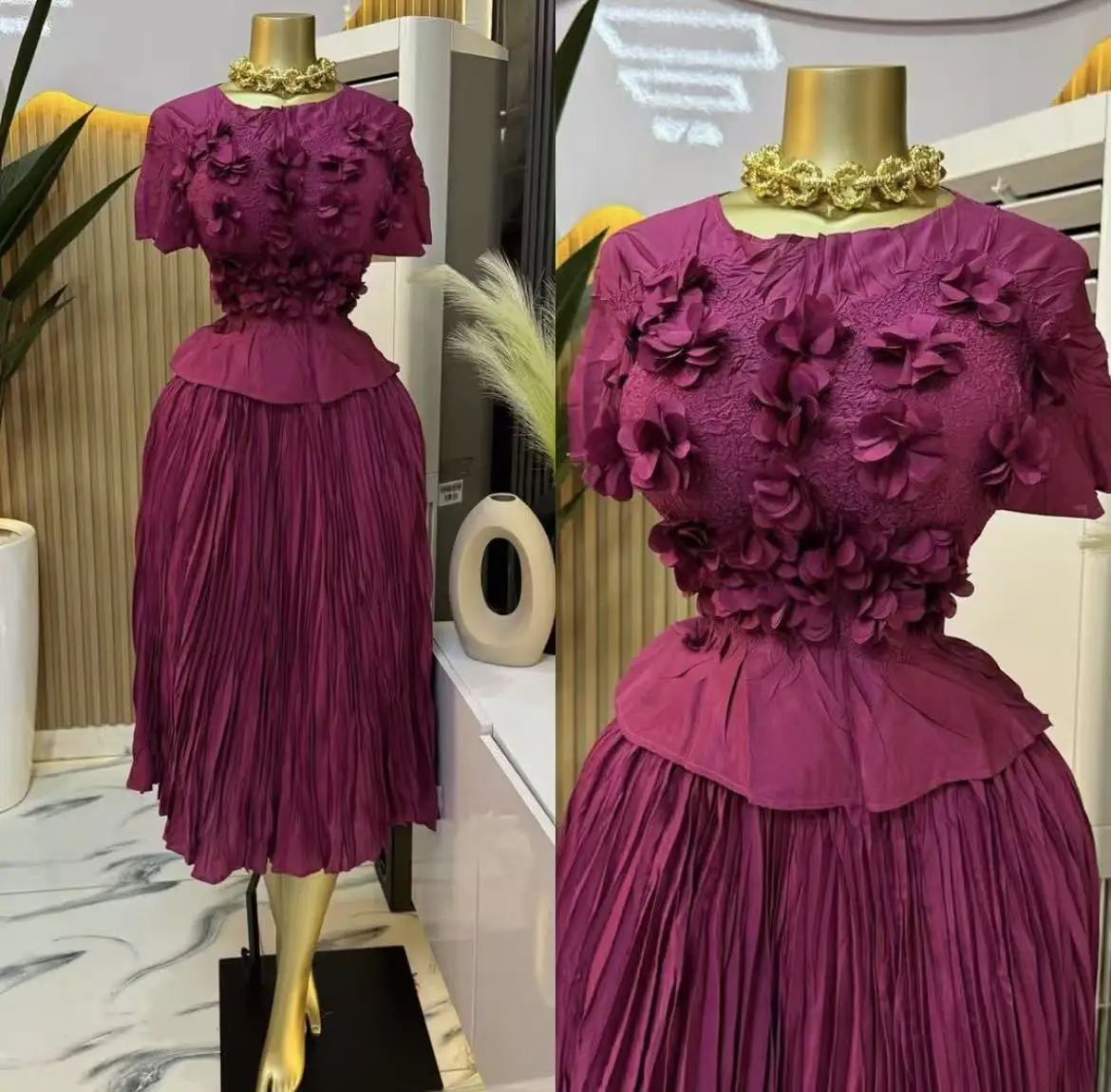 Miyake-vestido bordado de industria pesada para mujer, Color sólido, moda de temperamento, manga corta, vestidos empalmados, novedad de Otoño de 2025