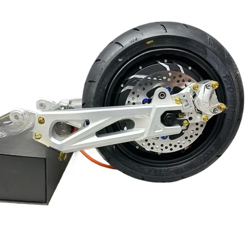 A set of smrt flat fork 12-inch motor F90M is straight behind the rear wheel of the car.