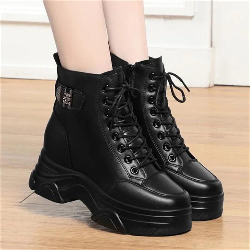 5.5cm novo outono mulheres botas de tornozelo saltos plataforma botas de couro macio branco botas de motocicleta mulher inverno grosso tênis bota 40