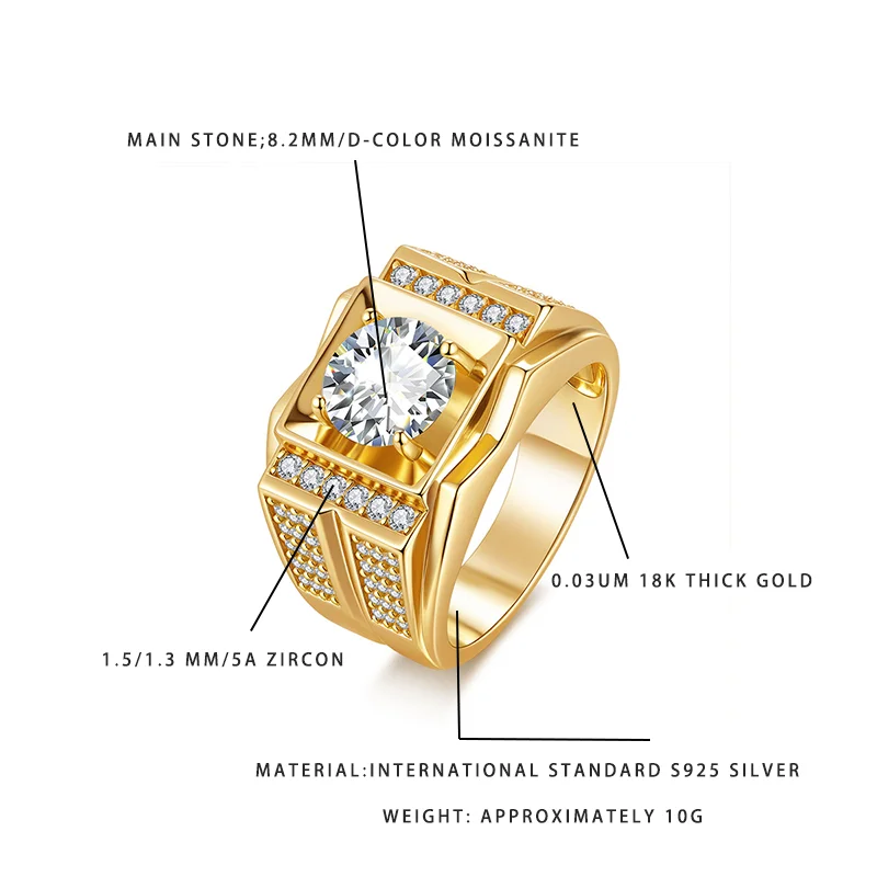 

Premium 18K Gold Plated Men's Moissanite Ring | 5A Zircon Paved Band | S925 Silver Luxury Jewelry