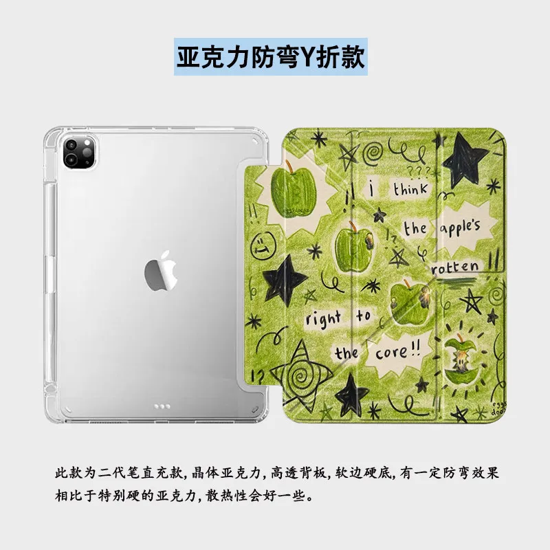 Green Apple Retro Ins Style For iPad Case iPad Air 7 6 5 4 Pro & Mini - Cute Y+3 Fold Lightweight Cover for Girls Students Dorm