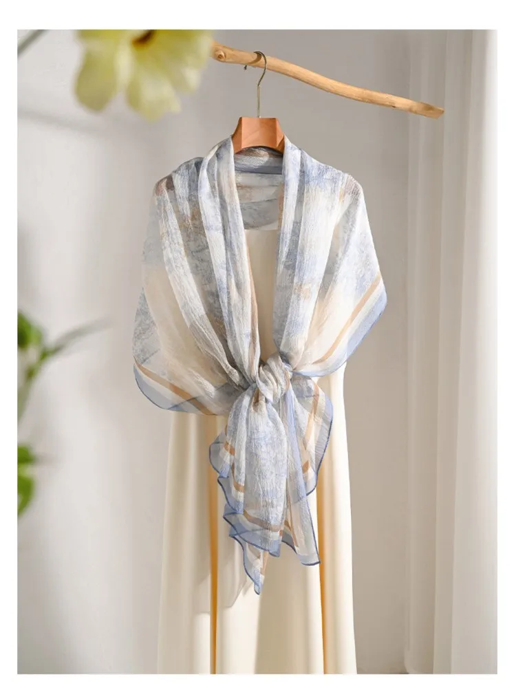 Blue silk scarf summer thin and versatile neck shawl paired with a new women's gauze