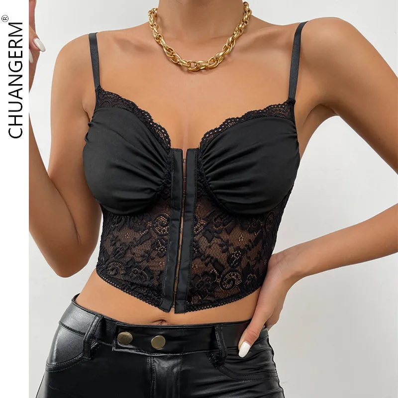 

CHUANGERM Sexy Lace Corset Sweetheart Pleated Cropped Sleeveless Tank Tops Strap Slim-Fit Camisole Summer Ladies Crop Top Corset