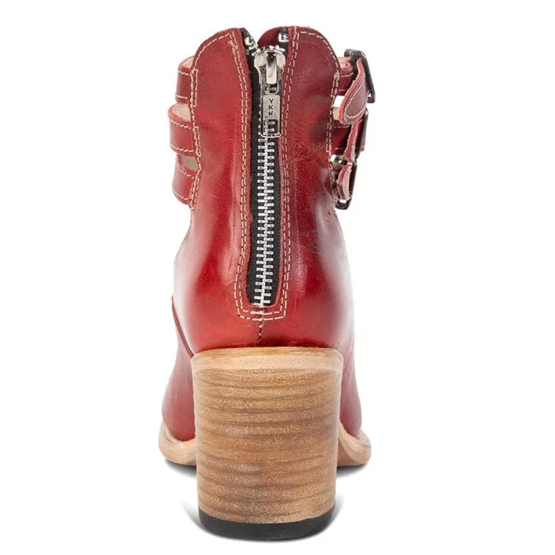 Belt Buckle Strap Mary Janes Shoes Retro Red Burnished Leather Chunky Heels Round Toe Women Shoes