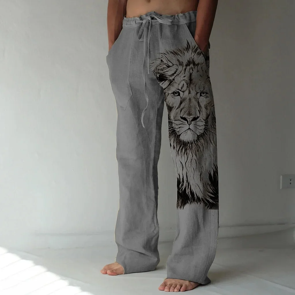 

Men's sports pants lion 3D printed casual pants drawstring straight tube beach pants street linen pants