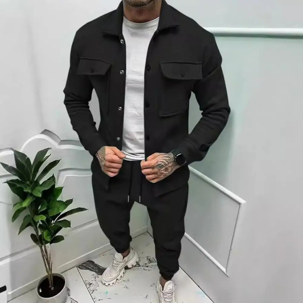 Men Two-piece Suit Set Men's Sportwear Set with Lapel Long Sleeve Coat Elastic Drawstring Waist Trousers Loose Fit Activewear