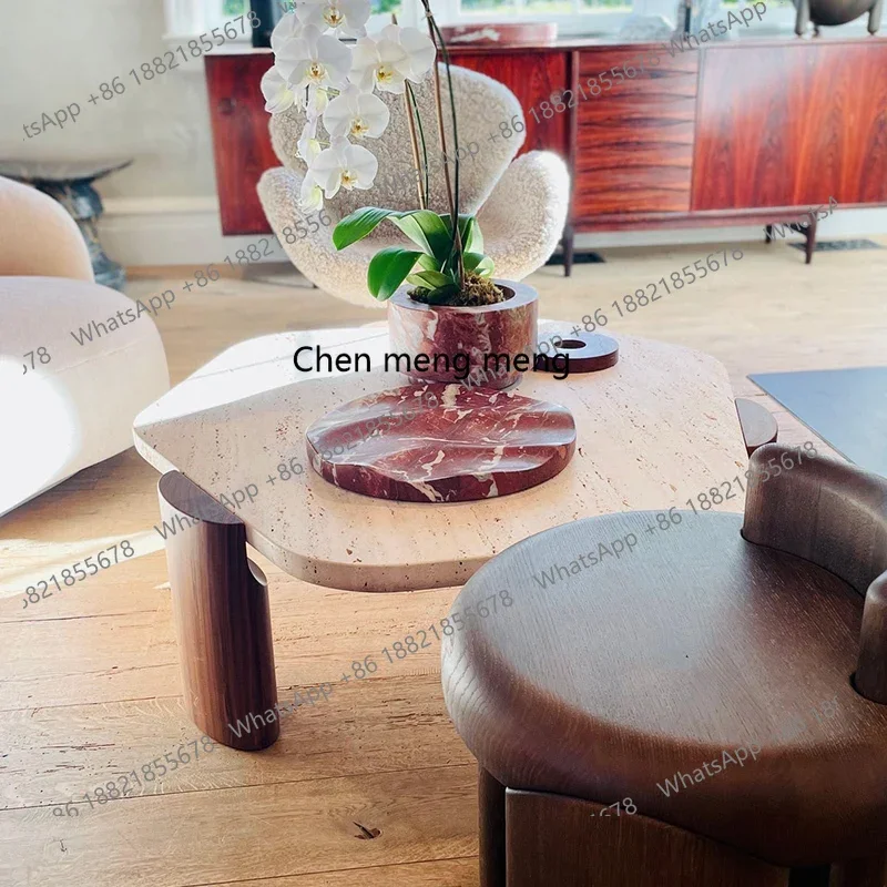 X طاولة قهوة من الحجر الجيري الطبيعي، طاولة شاي قهوة من الخشب الصلب والرخام الروماني القديم