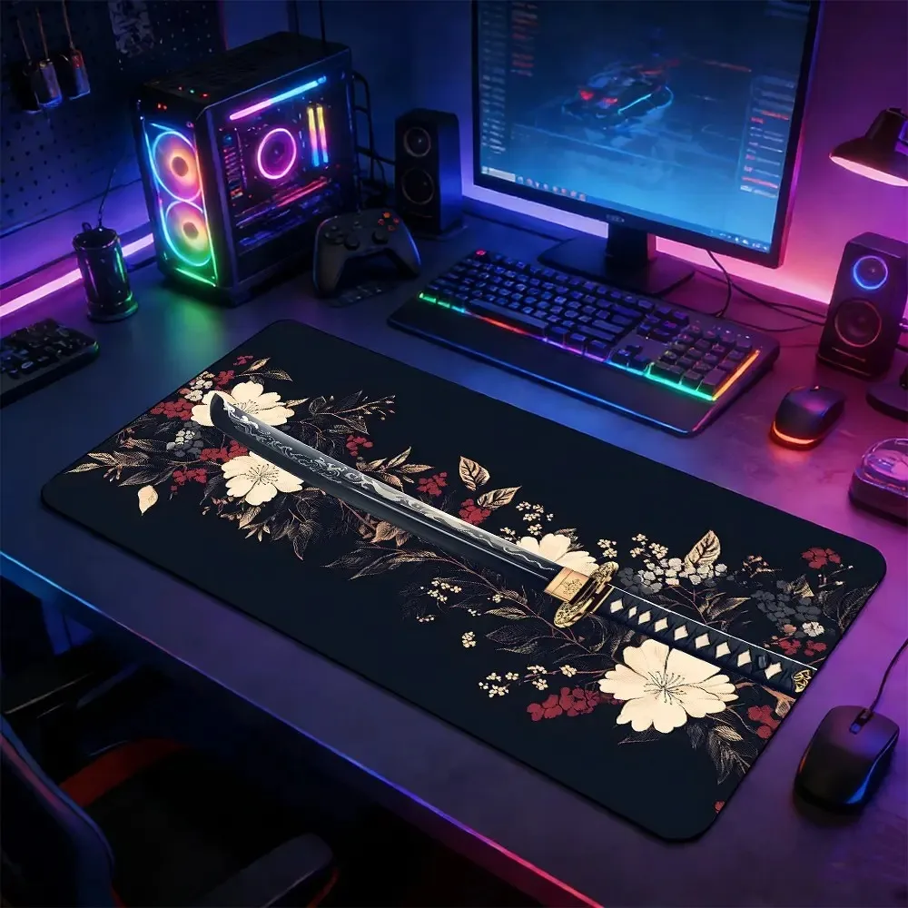 A Japanese-style design with a retro style, featuring floral patterns and samurai sword designs alfombrillas para escritorio
