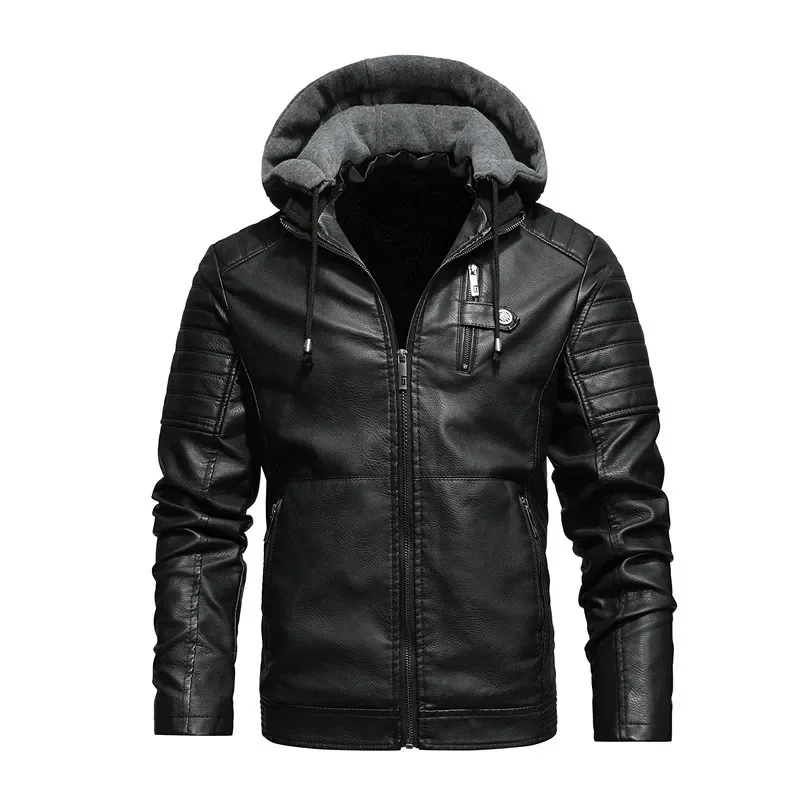 Capucha de invierno para hombre, ropa informal para motocicleta, chaquetas de cuero cálidas, forro polar de otoño, abrigo de cuero Pu, chaqueta de cuero de moda