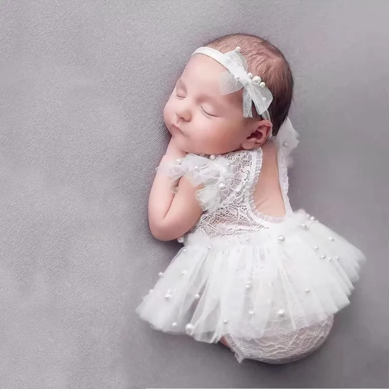 ❤️Newborn Photography Clothing Bow Pearl Headband+Romper+Skirt 3Pcs/set Studio Baby Girl Photo Prop Accessories Shoot Clothes