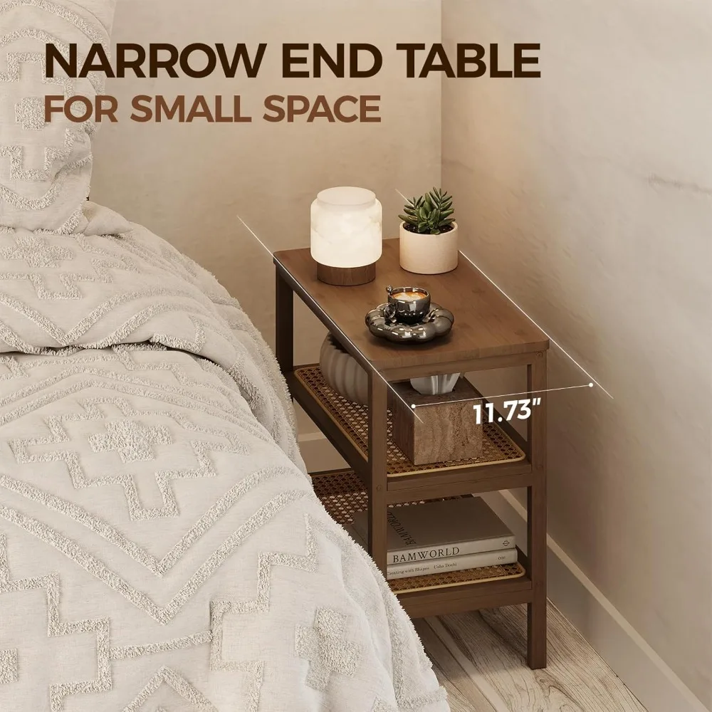 طاولة جانبية من الروطان، طاولة نهاية حديثة لمنتصف القرن، 3 طبقات مع تخزين، طاولة قهوة ضيقة، حامل ليلي بوهو من الخيزران