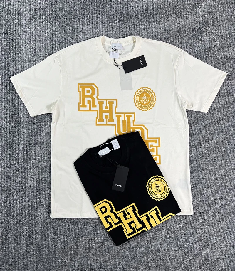 Fashion New RHUDE Black Men's T-Shirt Logo Crest Print Casual Short Sleeve Crew Neck Tee Top Fast Delivery