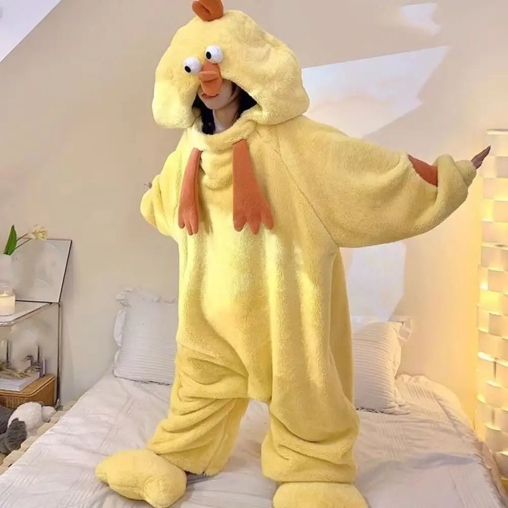 Jumpsuits Cartoon Chicken Pajamas Funny Long Sleeve Little Yellow Chicken Pajamas Warm Home Wear Cute Sleepwear Women Girl