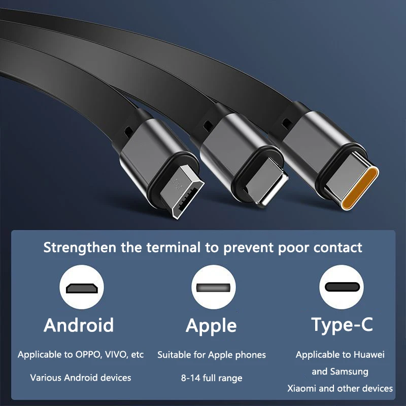 3 In 1 Retractable Phone Data Cable Type C Usb 100w Fast Charging Cable Suitable For Iphone Huawei Xiaomi Android Micro