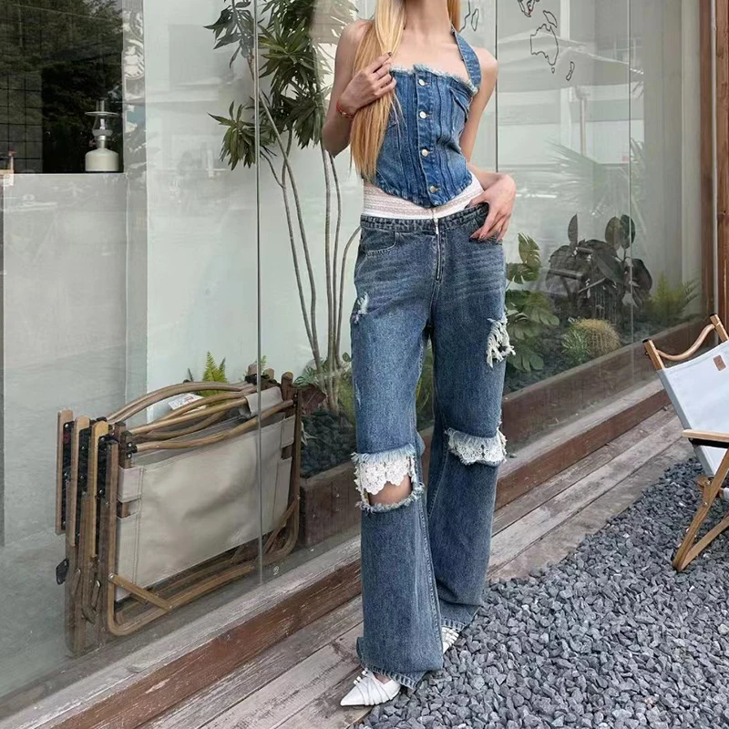 2024 Spring new lace splicing low waist jeans washed hole ladies wide leg pants fashion sexy high quality pants y2k