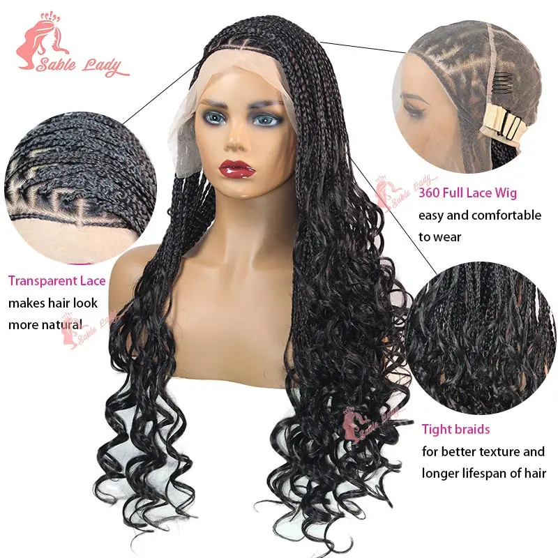 Synthetische Full Lace Frontal Knotless Box Braided Perücken mit lockigen Enden 28 Zoll 1B30 Brown Cornrow Box Braids Perücke für schwarze Frauen