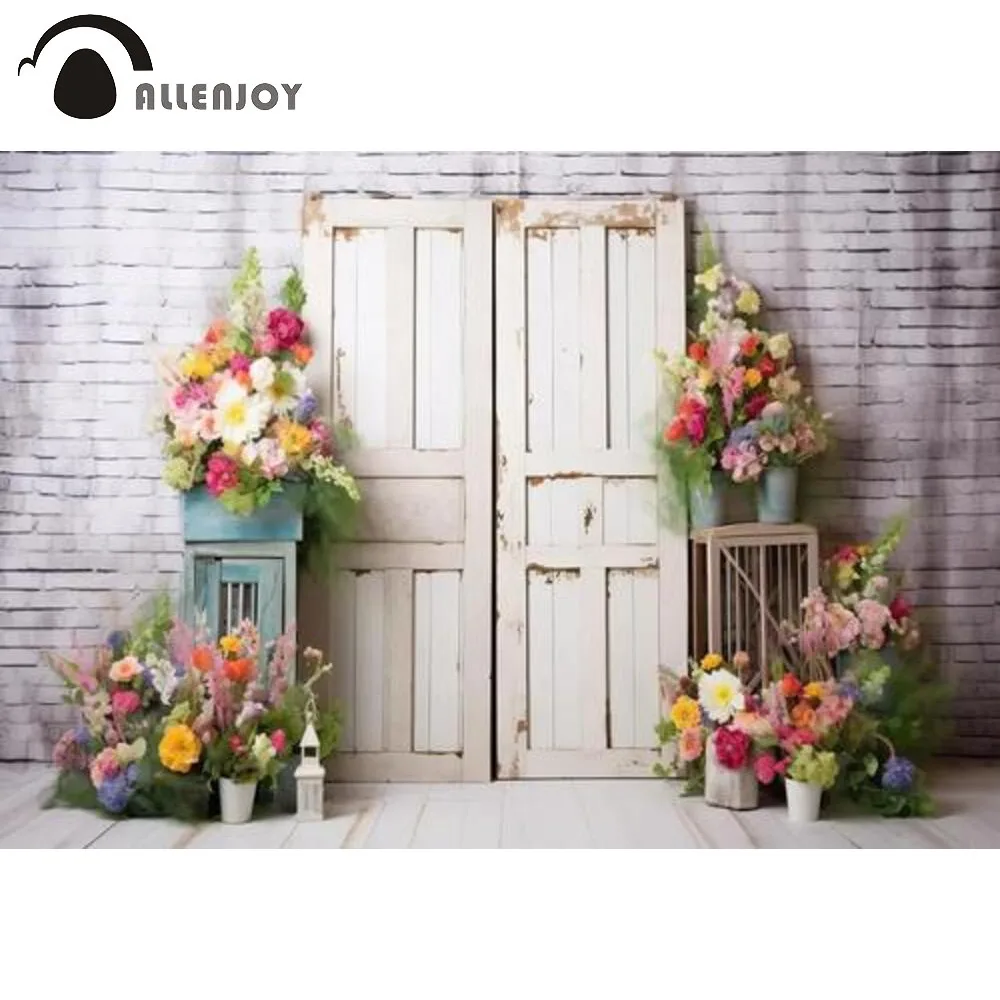 

Allenjoy Wooden Door Floral Photography Set Backdrop Brick Wall Flowerpots Pastoral Houseplants Garden Photoshoot Background