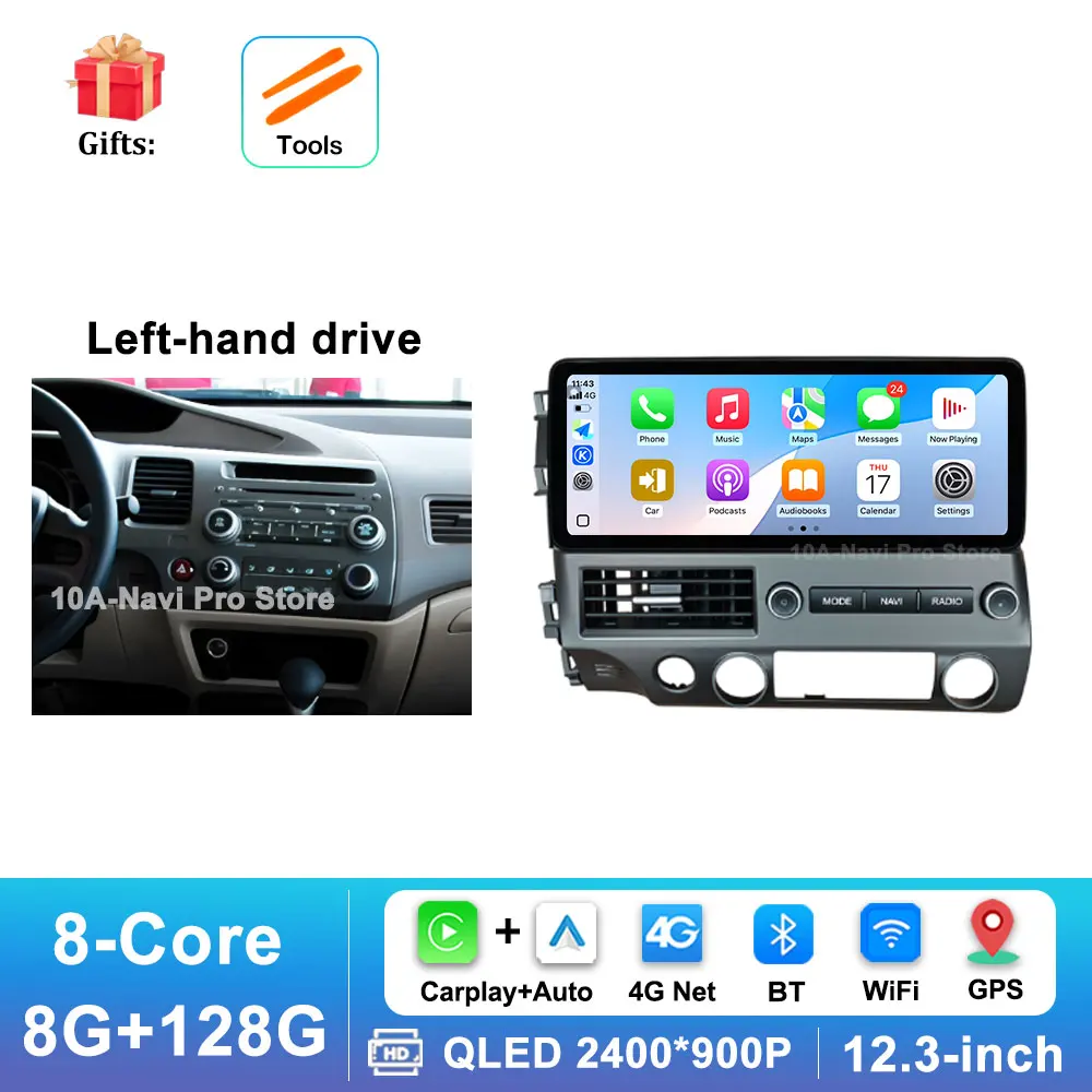 Android 16 BT Carplay autoradio multimediaspeler voor Honda Civic 2006 - 2011 GPS navigatie WiFi ultradun HD scherm DSP stereo 4G