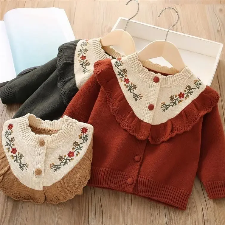 Autumn Winter Baby Girls Sweater Cardigans Embroidery Flowers Toddler Long Sleeves Knitwear Jackets Kid Knit Clothes Tops E3887