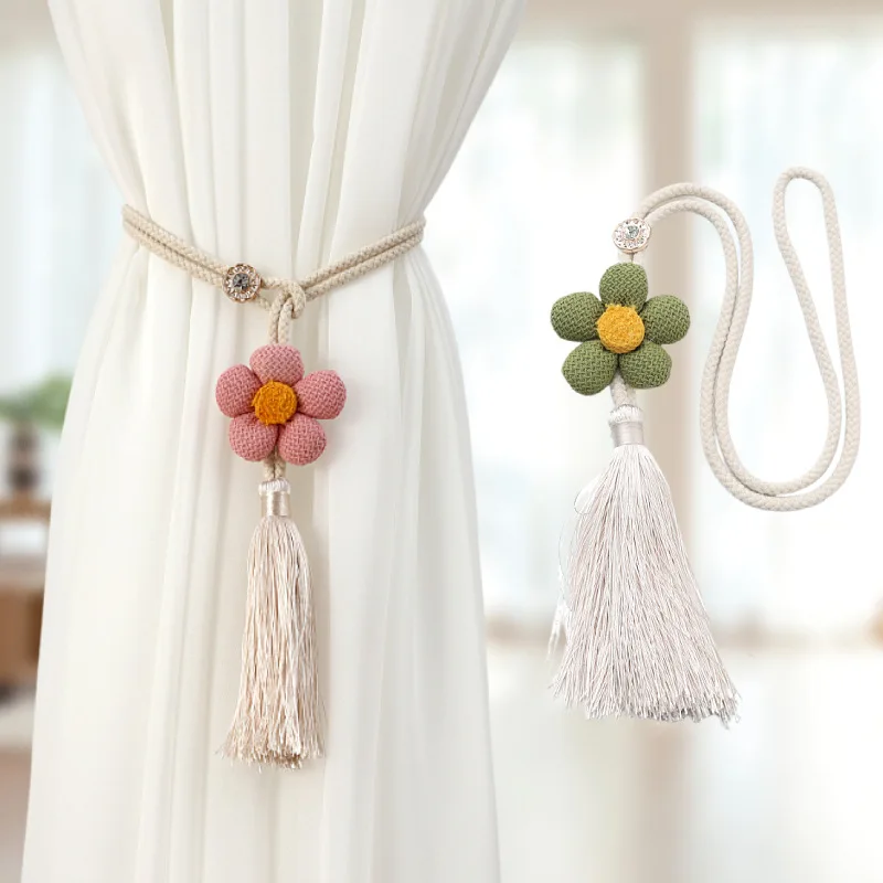 

Set of 2 Nordic Floral Tassel Curtain Tiebacks Rope Holdbacks Boho Sheer Drapery Buckle Strap Home Decor Accessories