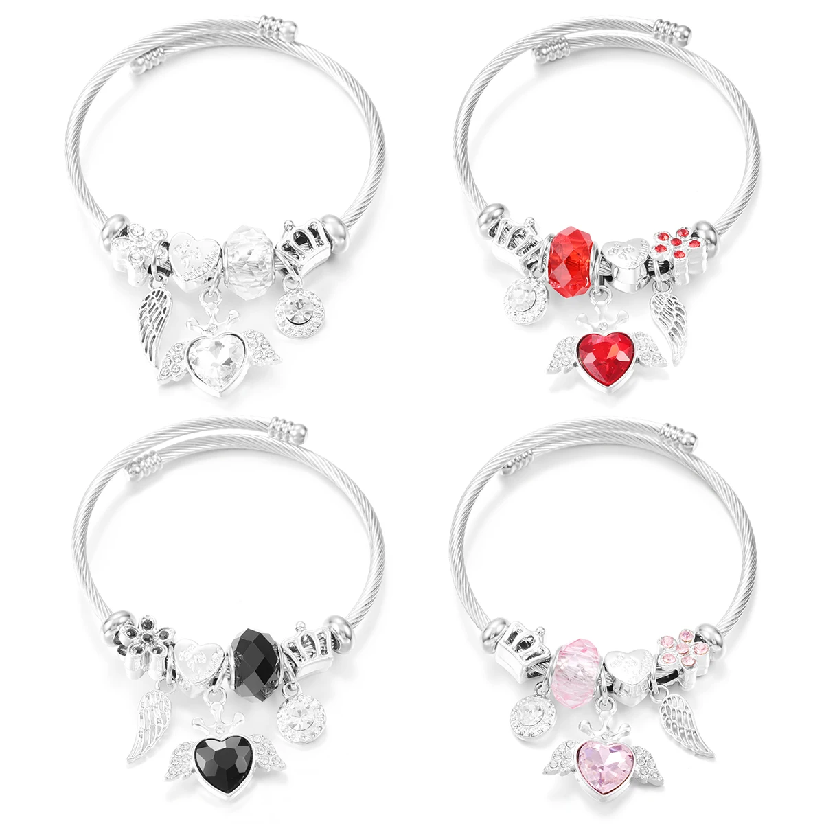 Trendy Heart Shaped Angel Wings Crystal Beaded Pendant Bracelet Stainless Steel 4 Colors Closure Bangles Women Bracelet Jewelry