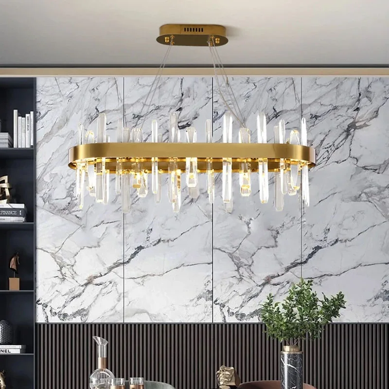 Modern Crystal LED Chandelier Single Rectangle Wire Suspension Lighting for Kitchen Island Bar Dining Room Home Lamp Fixture