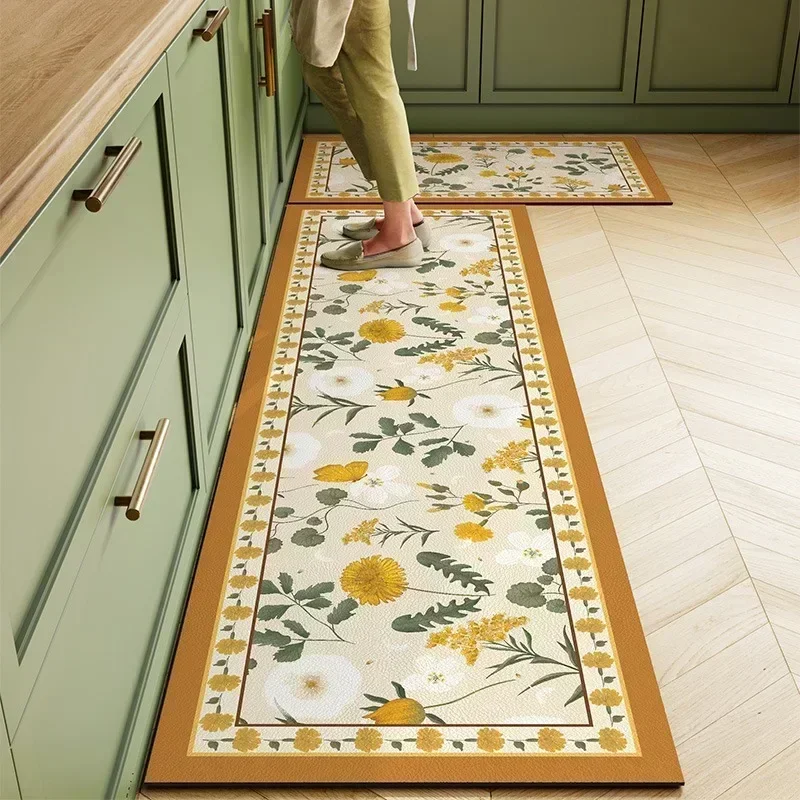 Kitchen Carpet PVC Leather Waterproof Floor Mat Non-slip Oil Proof Foot Mats Long Rug Green Flower Home Decoration Rugs
