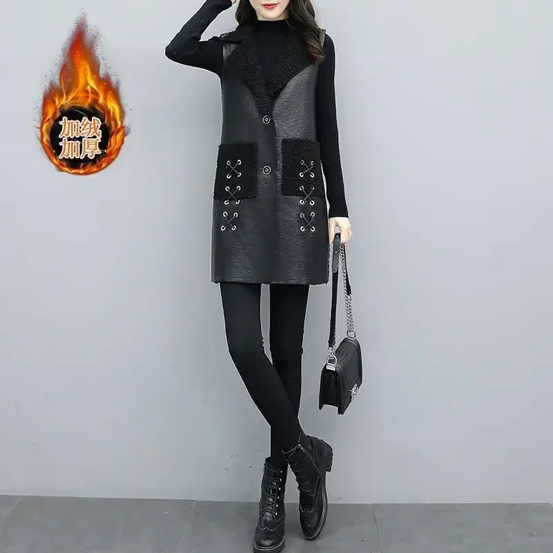Winter wool Leather Vest Women\'s Clothing 2025 PU Jacket Korean Solid Sleeveless Vest Mid Long Coat Female Waistcoat Outerwear