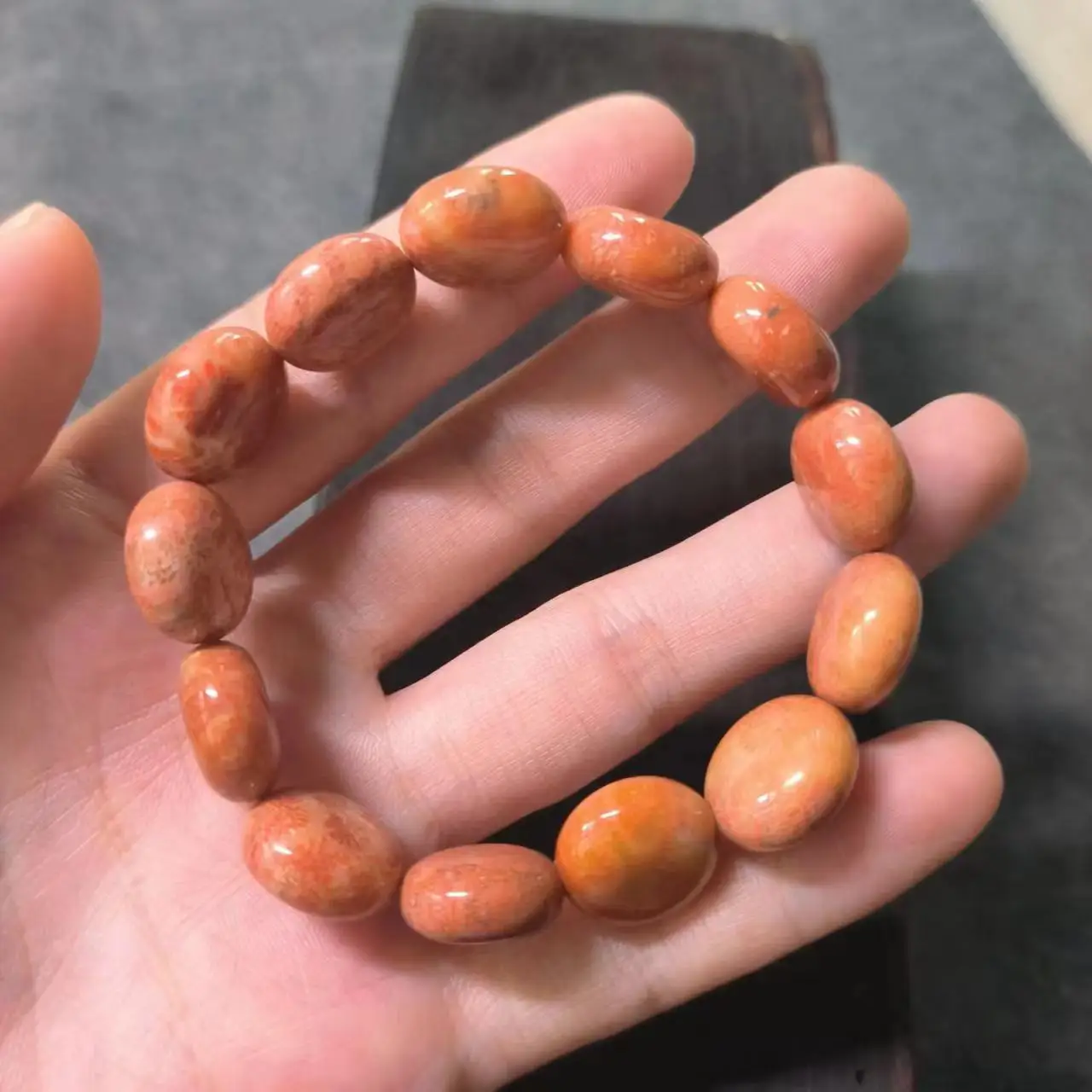 1pcs/lot Natural coral jade chrysanthemum stone bracelet high quality beautiful pattern unique bright Orange round flat beads