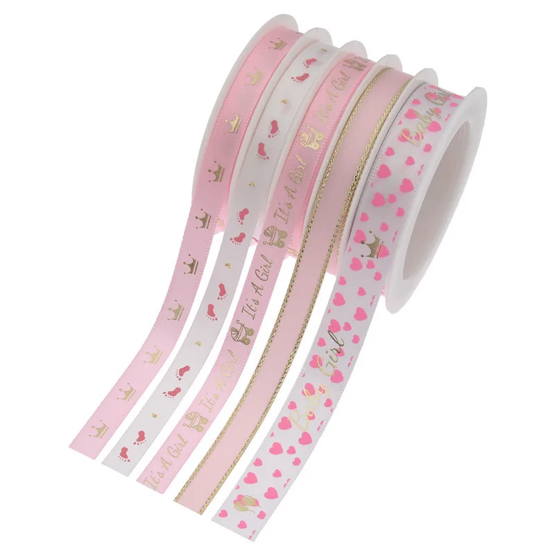 1/1.5cm Satin ribbon Pink baby Girl ribbons cute Tiara it\'s a Girl Metal gold print baby shower first birthday DIY Party favor