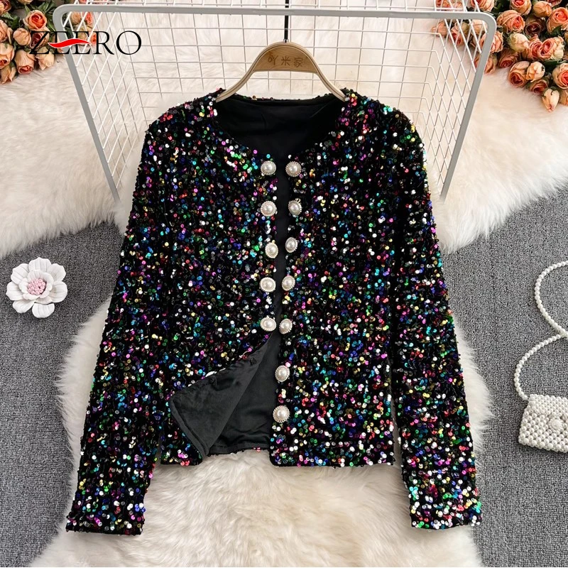 

Spring Slim Single-breasted Sequins Coat Women Slim Shiny Bodycon Jacket Top Long Sleeve Hand Made Bright Party Outerwear Blusas