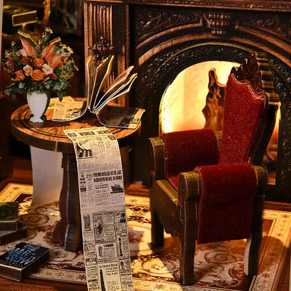 DIY Buchnische Miniatur-Holzpuppenhaus mit Licht Bücherregal-Einsatz Dekorationsmodell für Buchhandlungen Erinnerungen 3D-Puzzle-Montage