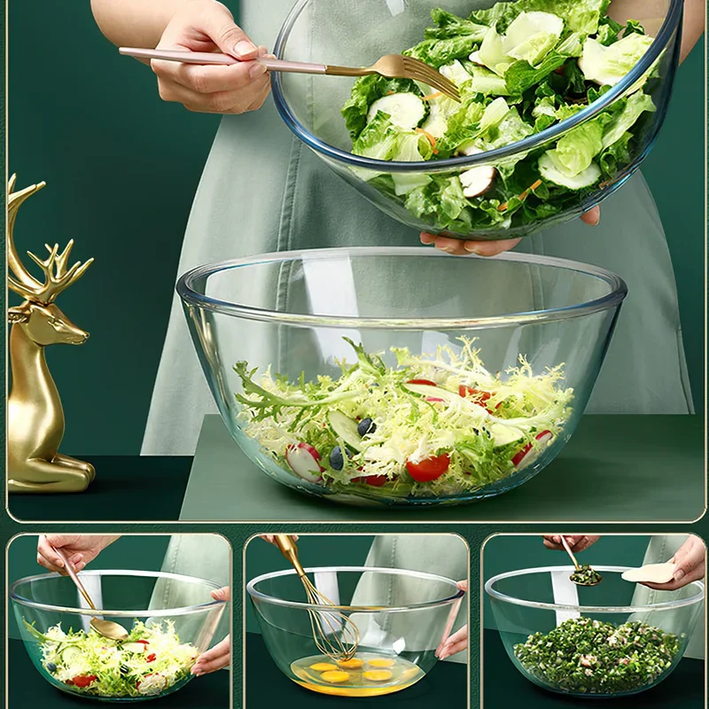 4.45ml Large Capacity Glass Bowl Noodle Soup 27cm Salad Mixing Bowls Egg Beater Storage Food Container Kitchen Microwavable