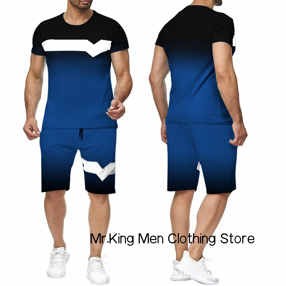 Men's 3D Printed Sportswear Suit Summer Sports Stripe Gradient Series T-shirt + Shorts Two-piece Suit Breathable Sportswear Suit