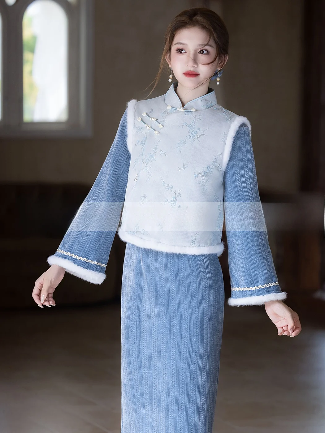 young-women's-thiened-long-sve-qipao-set-waist-cinched-retro-sle-warm-daily-wear-floral-patterned-mid-length-dr