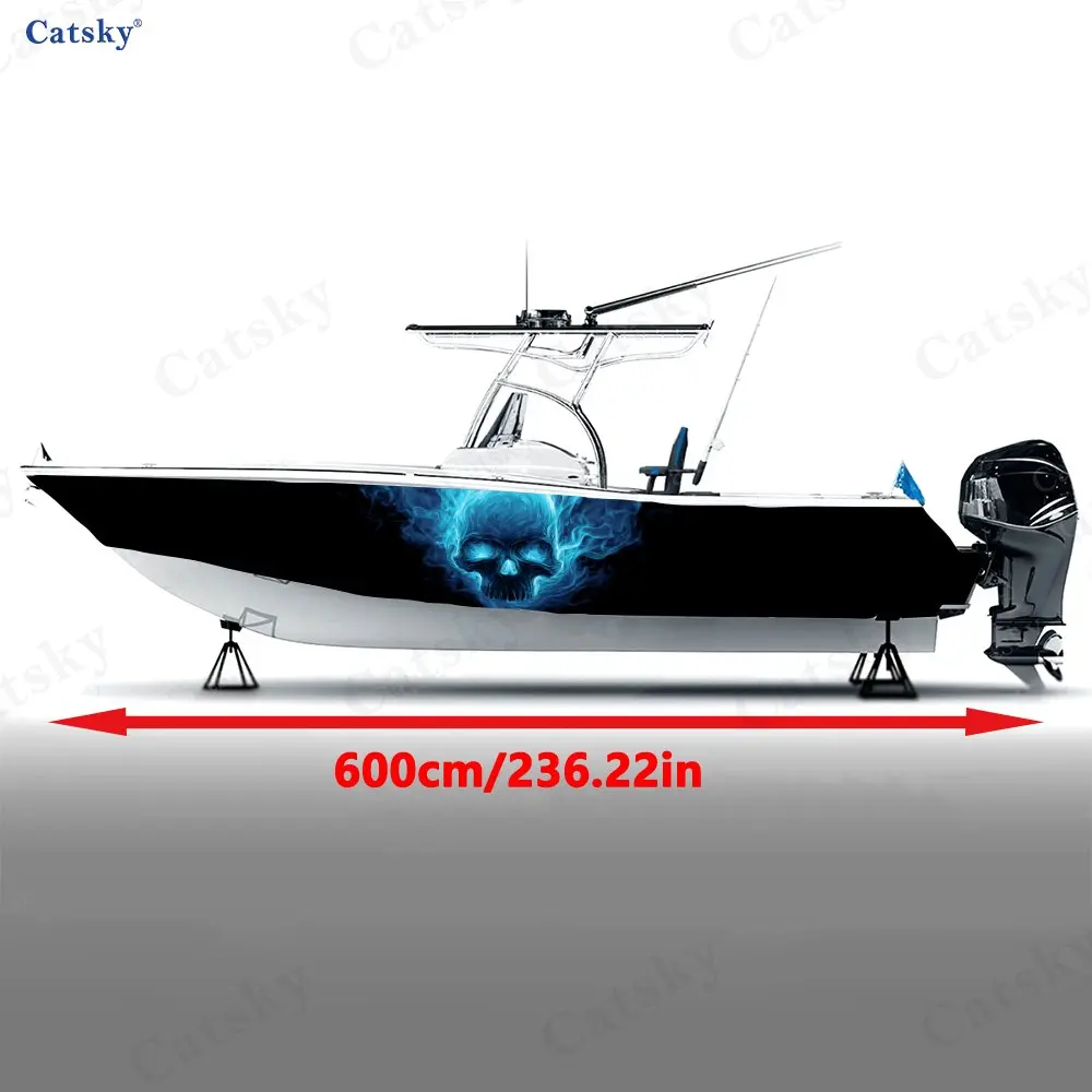 2Pcs Ice Flame Blue Mist Skull Boat Stickers, PVC Waterproof Vinyl Wrap Decals for Fishing Boats, Durable and Stylish Design